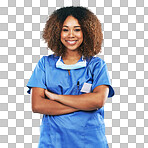 Portrait, black woman and nurse with arms crossed for confidence. Face, healthcare or proud and happy female medical physician from Nigeria ready for wellness service isolated on a png background