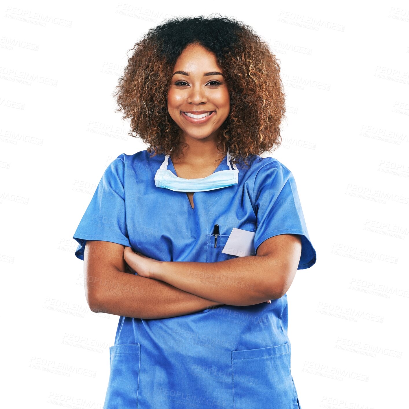 Buy stock photo Isolated female doctor, portrait and arms crossed with smile, pride and happy by transparent png background. Medic woman, african nurse and excited face for healthcare, wellness and job at hospital