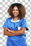 Nurse, arms crossed and portrait of happy black woman. Medic, healthcare and confident and proud female medical physician from Nigeria ready for wellness goals isolated on a png background