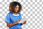 A Black woman, tablet and doctor with smile, focus or research with healthcare article. Isolated nurse, mobile tech touchscreen and reading email, social media app or news isolated on a png background