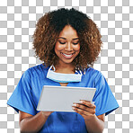 Tablet, healthcare nurse and black woman research. Technology, wellness app and person or female medical physician with touchscreen for research or telehealth isolated on a png background