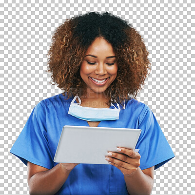 Tablet, healthcare nurse and black woman research. Technology, wellness app and person or female medical physician with touchscreen for research or telehealth isolated on a png background