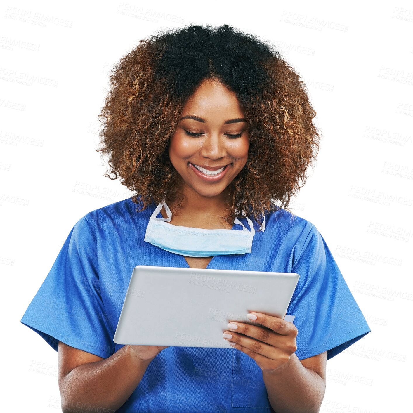 Buy stock photo Tablet, healthcare and PNG with a nurse black woman isolated on a transparent background for research. Medical, technology and innovation with a female medicine professional online for insurance