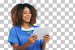 Nurse, health and black woman with tablet reserach. Technology, wellness and happy female medical physician laughing with touchscreen for research or telehealth isolated on a png background