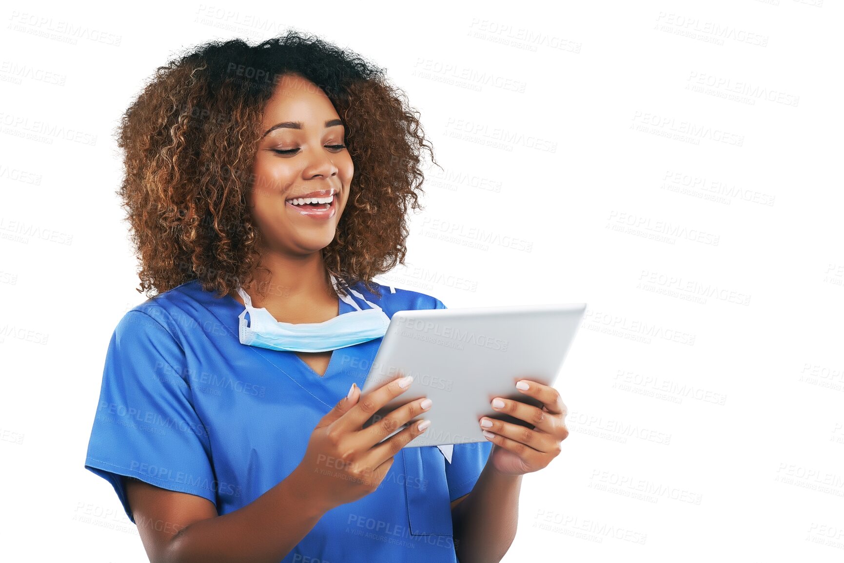 Buy stock photo Isolated doctor woman, tablet and laughing with meme, social media or blog by transparent png background. Female medic, african nurse or excited face for email, communication or chat with touchscreen