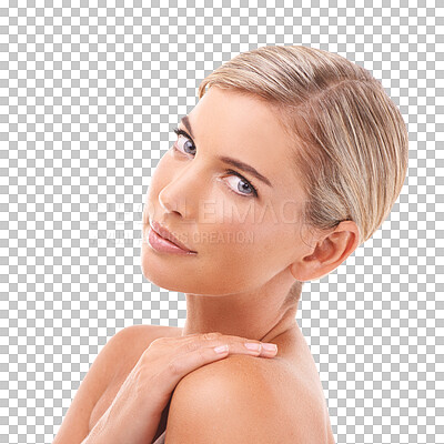 Beauty, skin care and portrait of a woman with natural glow and dermatology treatment on an isolated and transparent png background. Spa and luxury wellness of a model after facial and face cosmetics