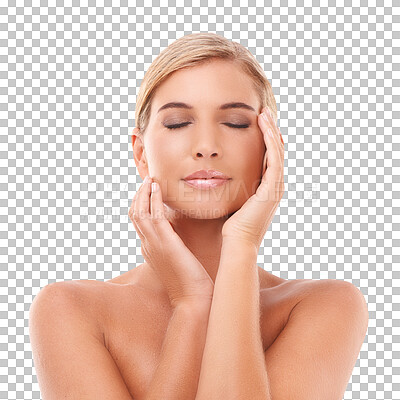 Skincare, natural beauty and woman for wellness, grooming and hygiene on an isolated and transparent png background. Skin and girl model relax after treatment, cosmetics and dermatology care