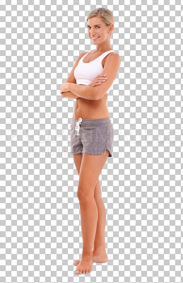 Buy stock photo Fitness, body and arms crossed with portrait of woman on transparent background for training, workout and nutrition. Wellness, diet and exercise with female person isolated on png for health and gym