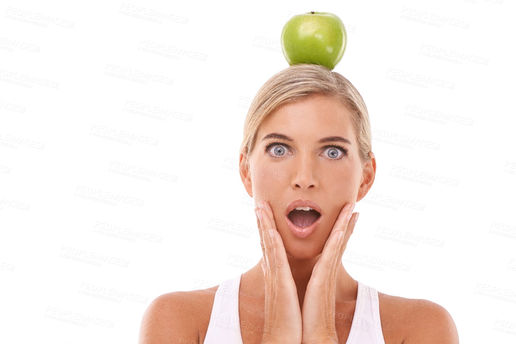 Buy stock photo Apple, health and surprise with portrait of woman on transparent background for balance, diet and nutrition. Vitamin c, fruit and wow with face of person isolated on png for fitness, food and shocked