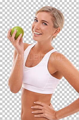 Apple, health nutrition or portrait of woman with fruit product to lose weight, diet or body detox for wellness lifestyle. Model, nutritionist food or vegan on a isolated, transparent png background