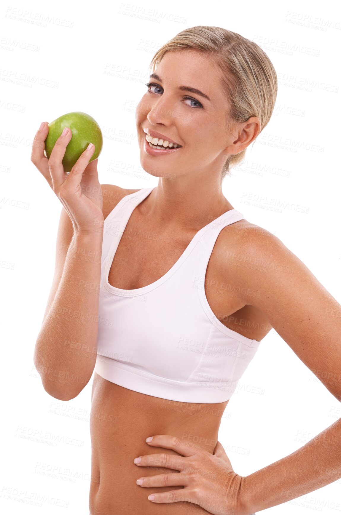 Buy stock photo Apple, health nutrition or portrait of woman with fruit for weight loss, diet or body detox for wellness. Female model, green nutritionist food or vegan on a isolated, transparent png background