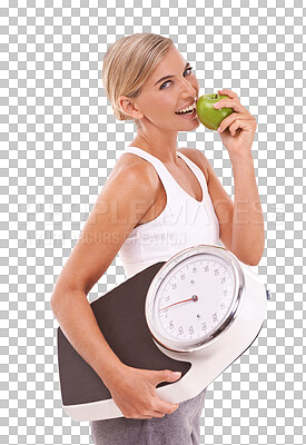 Woman, eating and apple with scale for diet, weight loss or healthy nutrition on an isolated and transparent png background. Portrait of happy female with smile for organic, vitamin or dieting food