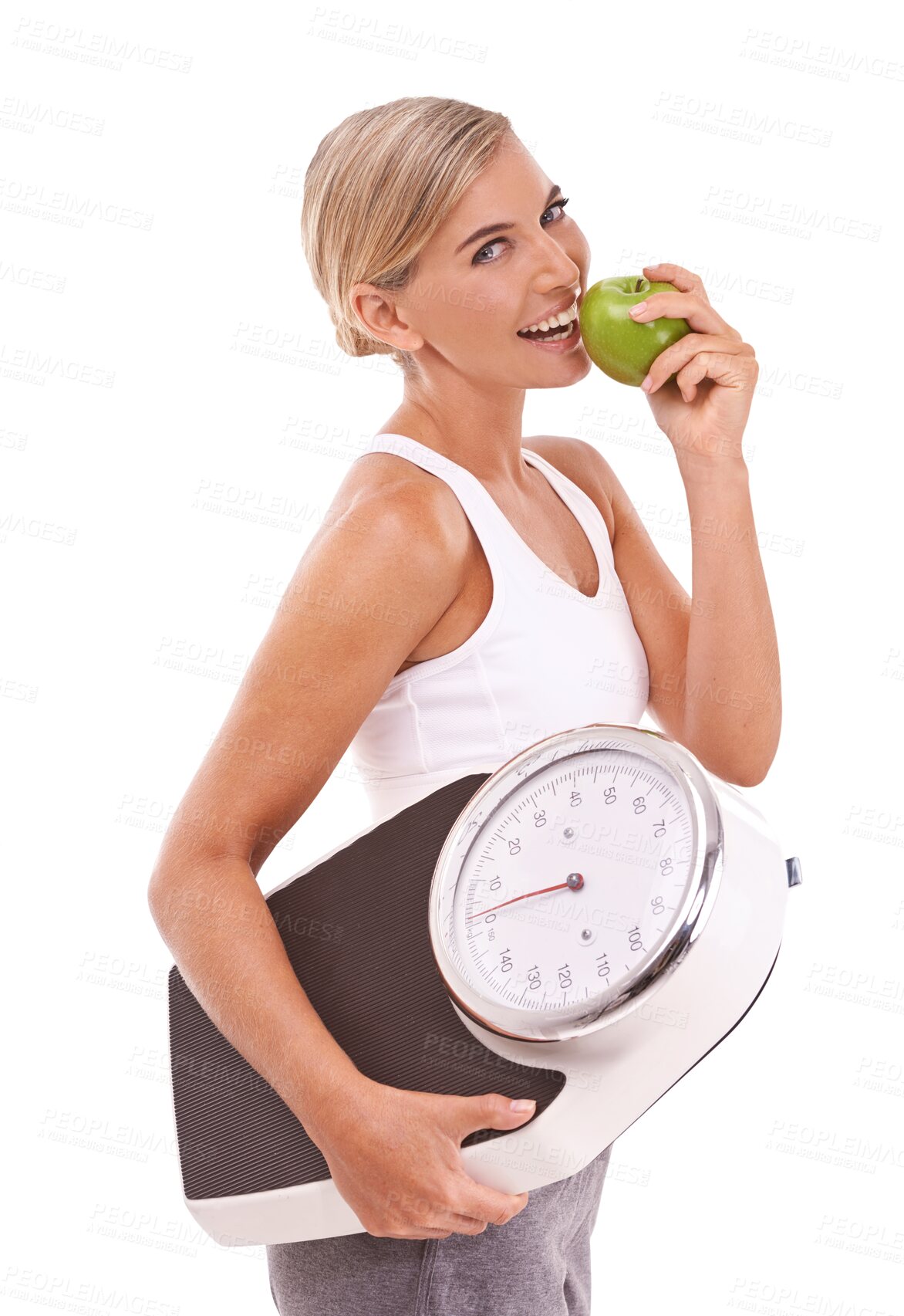 Buy stock photo Woman, apple and scale with diet and lose weight, healthy food and fruit isolated on png transparent background. Portrait, female model with smile and organic produce with health and detox with fibre