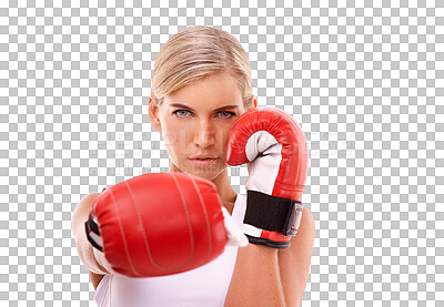 Buy stock photo Isolated boxer woman, portrait and punch for fight, sport or fitness with focus, mindset and png background. Girl, boxing gloves and training for contest, competition or match with hands for conflict