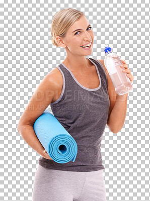 Buy stock photo Yoga, mat and portrait of woman with water bottle in fitness, exercise and workout nutrition or healthy diet. Face, person and wellness, gym or pilates training isolated on transparent png background