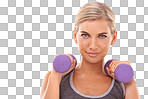 Portrait, dumbbells and woman at training, muscle and wellness by on an isolated and transparent png background. Weightlifting model, smile on face for fitness, workout or exercise with body goals