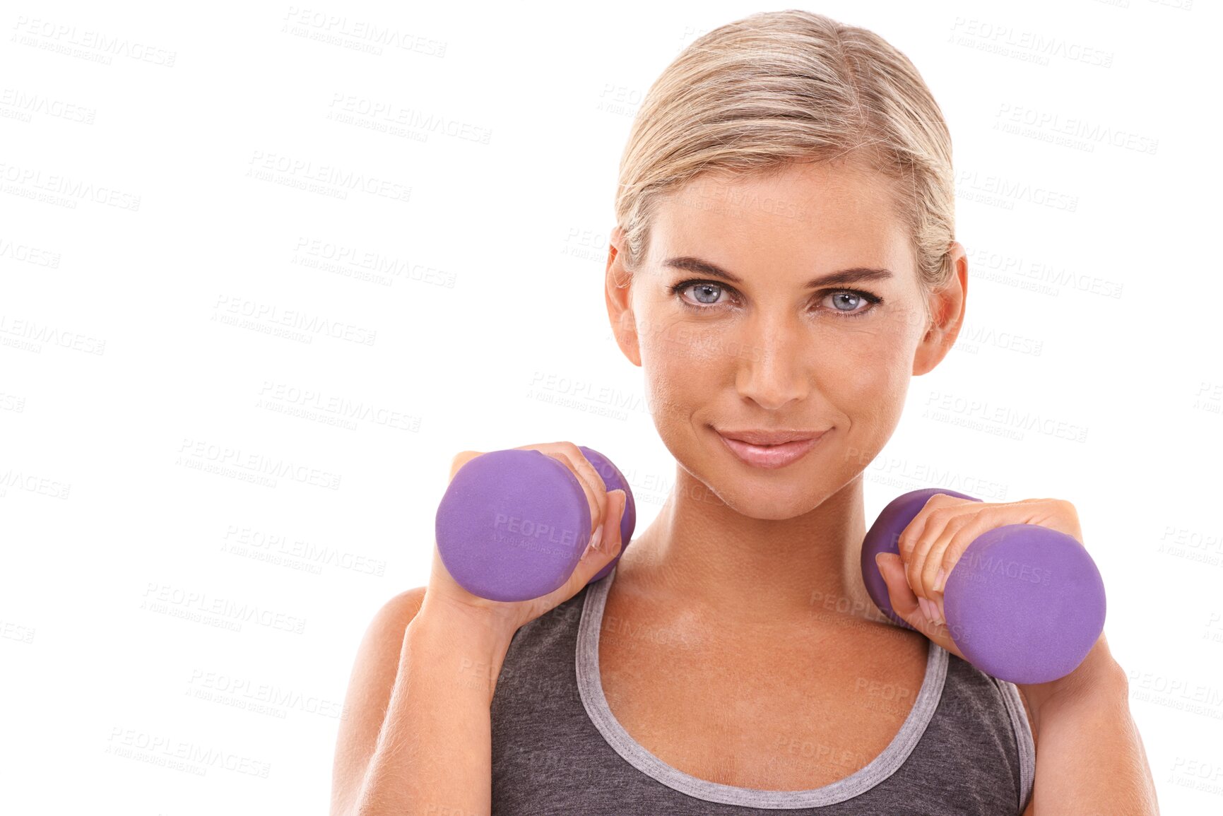 Buy stock photo Fitness, dumbbells and portrait of woman for exercise on isolated, PNG and transparent background. Healthy body, wellness and female model with gym equipment for weightlifting, training and workout