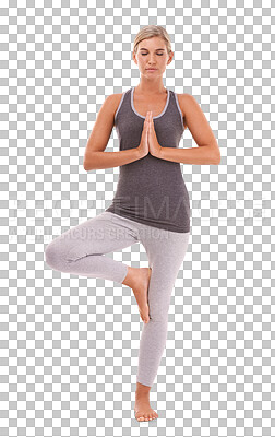 Buy stock photo Focus, yoga and meditation with woman on png for fitness, peace and workout. Mindfulness, tree pose and training with female yogi isolated on transparent background for pilates, mindset or wellness