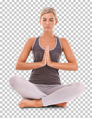 Buy stock photo Yoga, meditation and portrait of woman in sitting pose for fitness, spiritual wellness and chakra energy healing. Zen mindfulness, peace and health isolated on transparent png background to meditate.