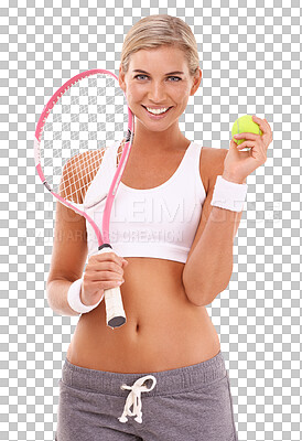 Buy stock photo Sports, portrait of a woman with a tennis racket and ball  isolated against a png transparent in background with a smile. Sportswear, happy and sport with female athlete alone for health wellness