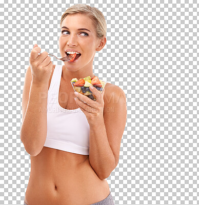 Diet, eating and portrait of woman with fruit salad, healthy and happy on an isolated and transparent png background. Health and wellness, beautiful girl with food for weight loss and thin waist