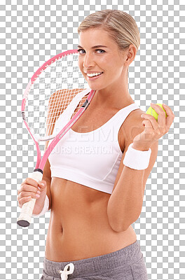 Tennis woman, portrait and racket with smile for health, sport and fitness on an isolated and transparent png background. Happy player, focus and ball in hand for training, wellness or goal