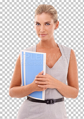 Portrait, businesswoman and paper folder on an isolated, transparent png background, documents and report. Female corporate worker, employee and paperwork of receptionist, entrepreneur or secretary