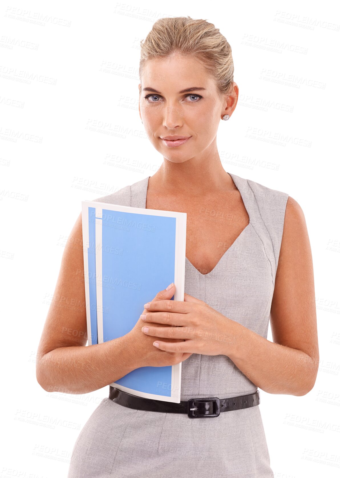 Buy stock photo Portrait, business woman and document in confidence isolated on a transparent png background. Female person, worker or employee holding paperwork or paper folder for administration or information