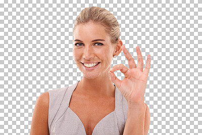 Hand sign, ok and portrait of woman with smile on face, agreement and understanding on an isolated and transparent png background. Motivation and good job finger gesture, happy with work empowerment