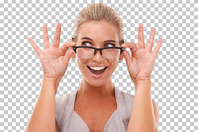 Shock, excited and portrait of a woman with glasses on an isolated, transparent png background with a omg, wow or wtf expression. Shocked, surprise and smart female model with spectacles