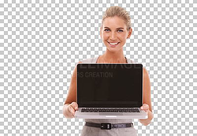 Buy stock photo Laptop mockup, portrait and businesswoman with a smile isolated on a transparent png background. Happy worker, screen and computer presentation, website and digital marketing platform on the internet