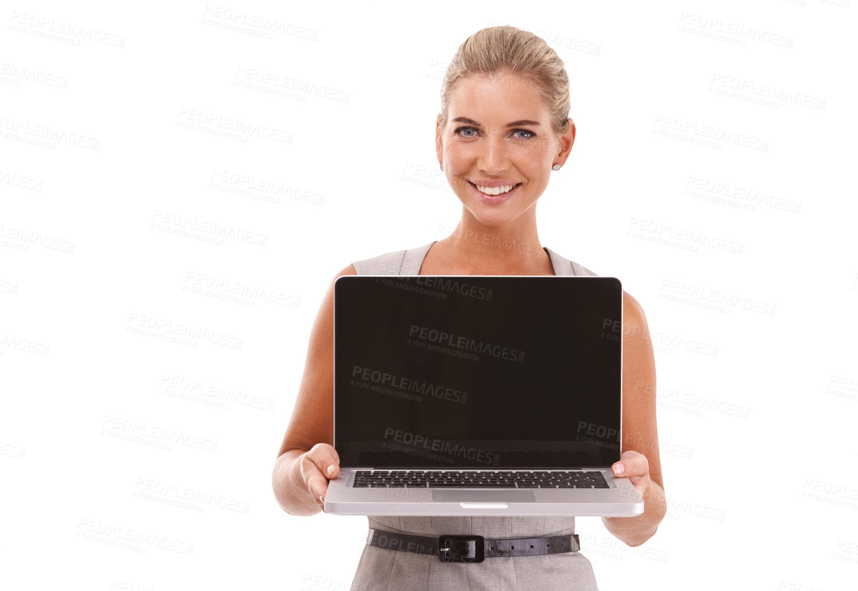 Buy stock photo Laptop mockup, portrait and businesswoman with a smile isolated on a transparent png background. Happy worker, screen and computer presentation, website and digital marketing platform on the internet