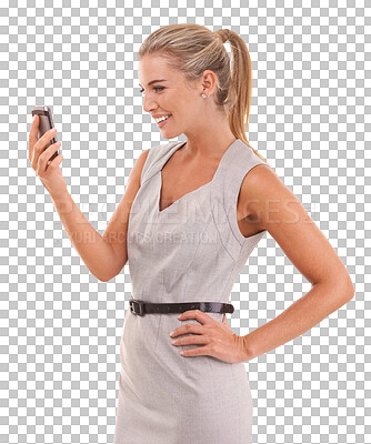 Buy stock photo Phone, happy and PNG with a business woman isolated on a transparent background for communication. Mobile, contact and a corporate female employee reading a text message with her hand on her hip