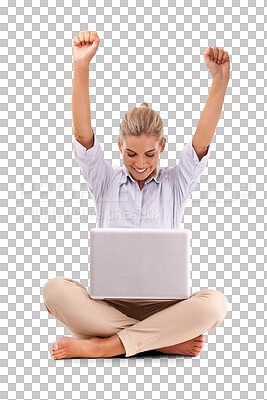 Laptop, celebration and business woman excited for financial profit, stock market growth or investment success. Economy, online trading of crypto or nft on an isolated and transparent png background