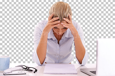 Mental health, burnout and business woman stress over bad crypto investment, stock market crash or finance loss. Accounting documents and problem crisis on an isolated, transparent png background