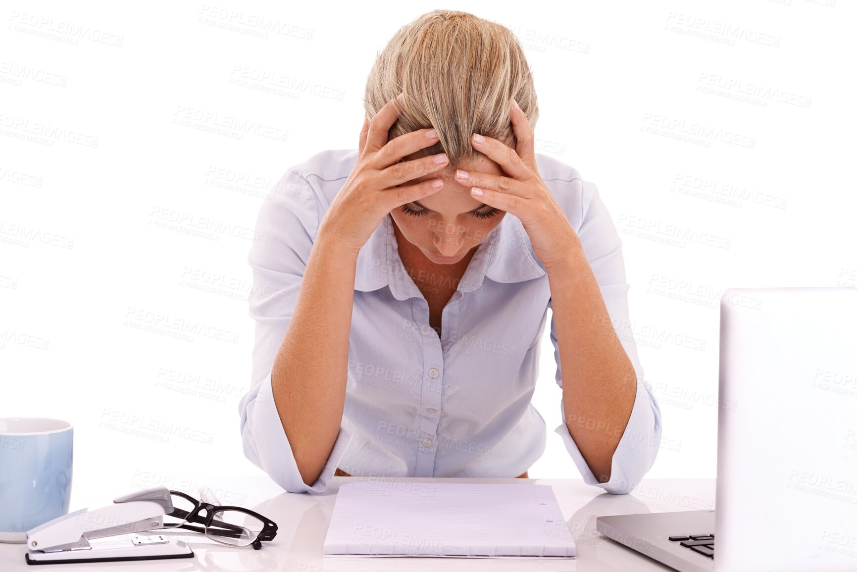 Buy stock photo Stress, frustrated and business woman in studio with investment fail, stock market crash or mental health crisis transparent png. Accounting, anxiety problem and isolated accountant on background