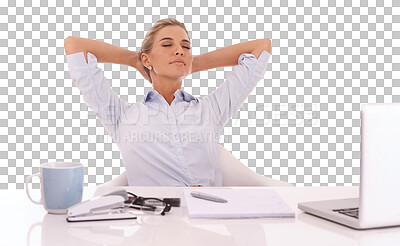 Buy stock photo Corporate, working and relax with a business woman isolated on a transparent png background. Female person or employee relaxing on chair with laptop, coffee and hands behind head at office work desk