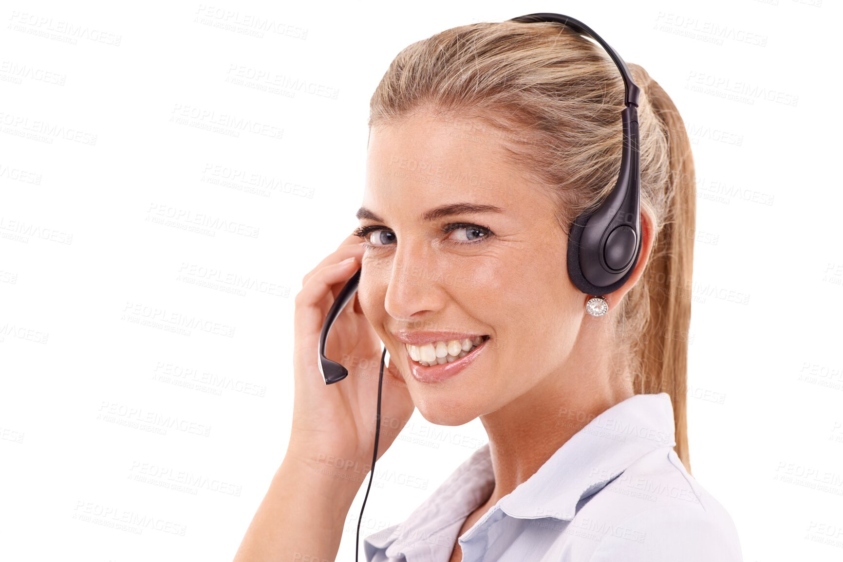 Buy stock photo Call center, face portrait and happy woman in customer service isolated on a transparent png background. Telemarketing, contact us and female person smile, sales agent or consultant with headphones.