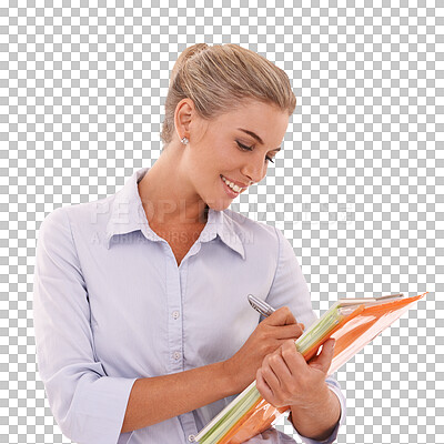 Planning, sign and business woman writing on document, strategy and paperwork on an isolated, transparent png background. Corporate, plan and secretary with a report, documents or paper for a survey