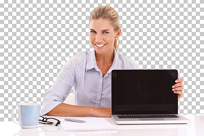 Laptop mockup, portrait and businesswoman on an isolated, transparent png background for advertising space. Happy worker, female model and computer technology, website and digital marketing platform