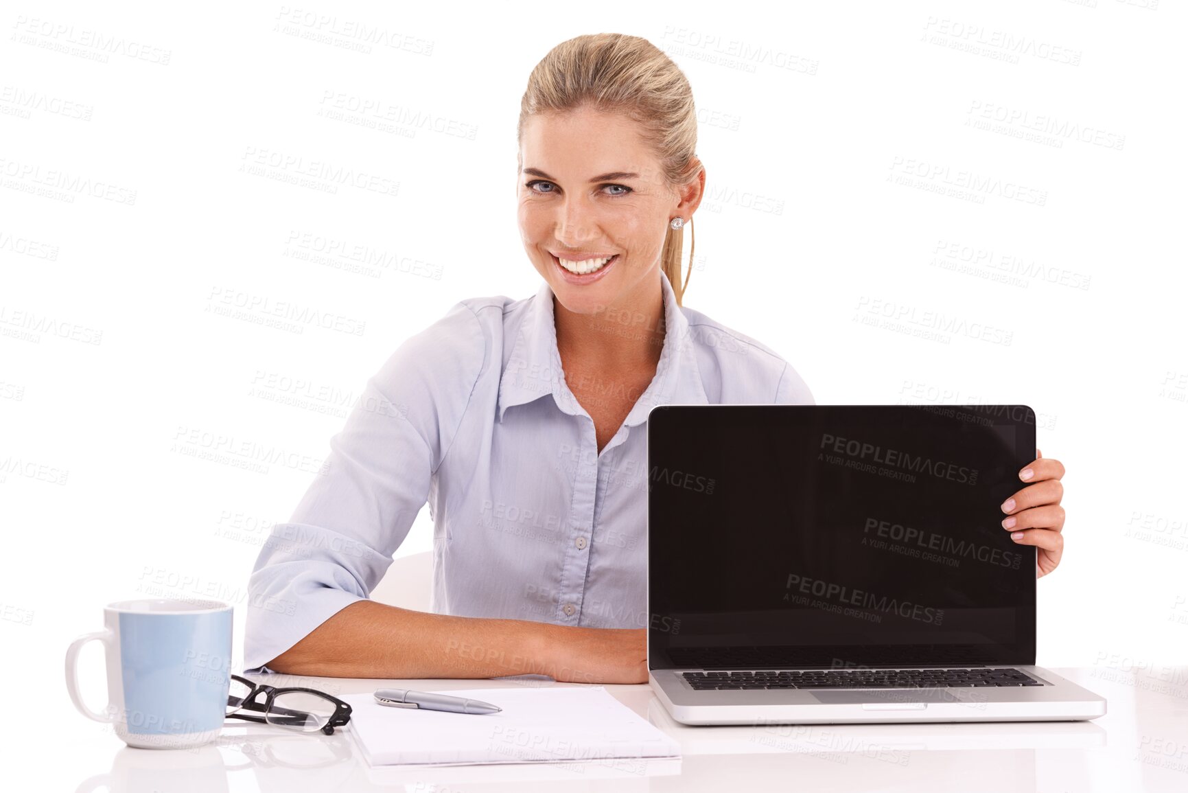 Buy stock photo Laptop screen, mockup with business woman and smile in portrait isolated on png transparent background. Technology advertising, digital marketing and happy female professional at desk with pc 