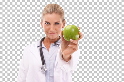 Buy stock photo Portrait, apple and healthcare with a doctor woman isolated on a transparent background for medical advice. Medicine, diet and nutrition with a female health professional holding a fruit on PNG