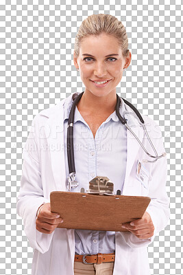 Portrait, woman and healthcare doctor with checklist on an isolated, transparent png background. Face, wellness and happy female medical worker with clipboard for research, prescription or schedule