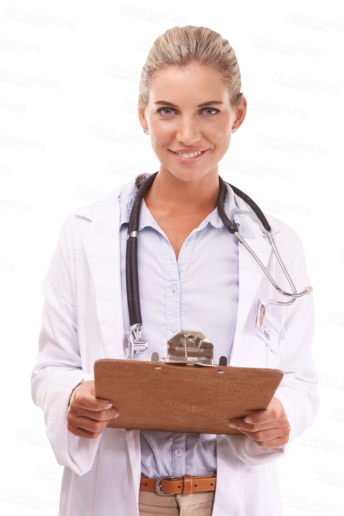 Buy stock photo Portrait, documents and healthcare with a doctor woman isolated on a transparent background for medical insurance. Medicine, information and a female health professional holding a clipboard on PNG