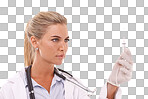 Woman doctor, healthcare and syringe for a injection on an isolated, transparent png background for health and wellness. Face of a female medical worker with medicine, drugs or vaccine shot in hand