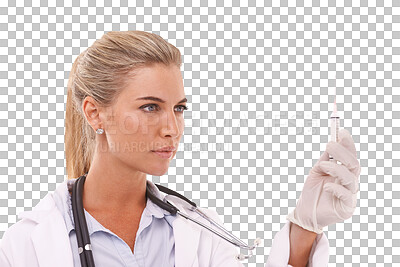 Buy stock photo Medicine, doctor and syringe with woman and png for healthcare, research and science. Medical, wellness and vaccine with female person on transparent background for insulin, virus and drugs