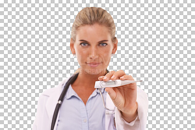 Buy stock photo Portrait, woman and doctor with a thermometer, healthcare and lady isolated against a transparent background. Face, female person and medical professional with equipment, temperature, fever and png