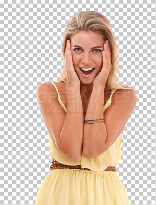 Woman, excited and surprise portrait with a wow expression on an isolated, transparent png background for discount sale announcement. Face of a happy young model for a promotion, offer or advertising