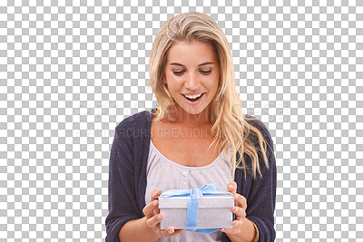 Gift, present and box with a woman on an isolated and transparent png background during Christmas, a birthday or celebration event. Happy, smile and surprise with a young female holding a giftbox