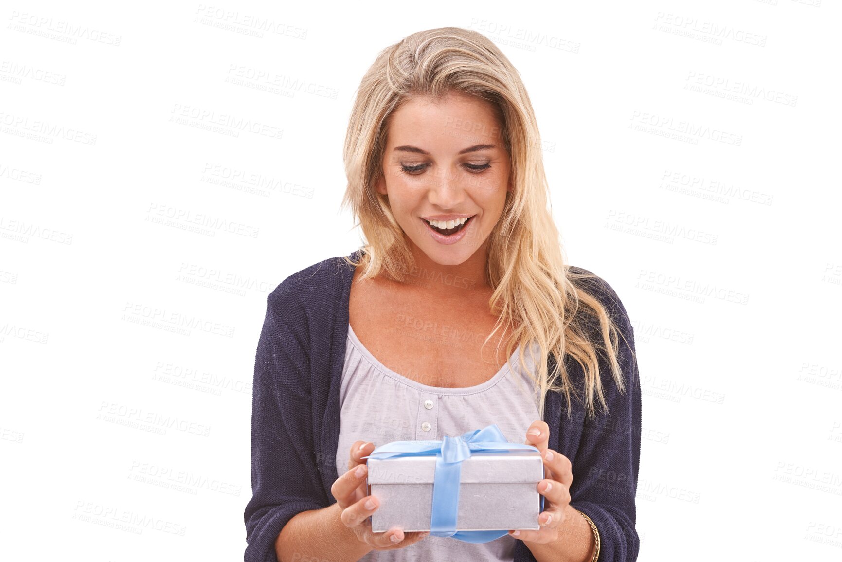 Buy stock photo Surprise, gift and happy with woman on transparent background for Christmas, birthday party and celebration. Smile, wow and giveaway with female person and present on png for excited and promotion